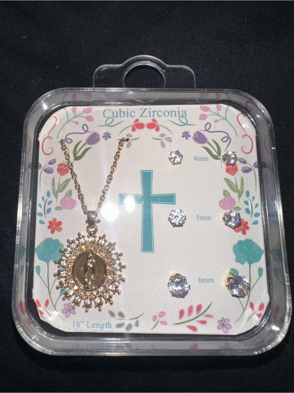 Sunburst Praying Hands Pendant Necklace & CZ Stud Set — Gold Tone, 18